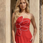 Red Floral Applique Bodice Slim Fit Midi Dress