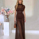 Brown High Neck Ruched Mesh Mermaid Maxi Dress