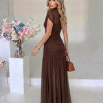 Brown High Neck Ruched Mesh Mermaid Maxi Dress