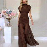 Brown High Neck Ruched Mesh Mermaid Maxi Dress