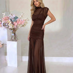 Brown High Neck Ruched Mesh Mermaid Maxi Dress
