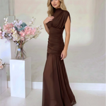 Brown High Neck Ruched Mesh Mermaid Maxi Dress