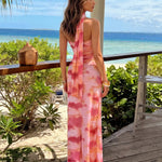 Pink Orange Tie-Dye Halter Neck Bodycon Maxi Dress