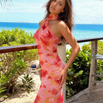 Pink Orange Tie-Dye Halter Neck Bodycon Maxi Dress