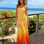 Yellow to Orange Ombre Strapless Ruched Maxi Dress