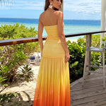 Yellow to Orange Ombre Strapless Ruched Maxi Dress