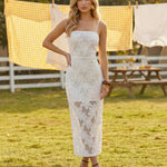 White Floral Lace Spaghetti Strap Bodycon Midi Dress