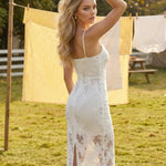 White Floral Lace Spaghetti Strap Bodycon Midi Dress
