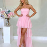 Pink Tiered Tulle Slim Fit High-Low Evening Dress