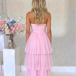 Pink Tiered Tulle Slim Fit High-Low Evening Dress
