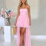 Pink Tiered Tulle Slim Fit High-Low Evening Dress