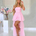 Pink Tiered Tulle Slim Fit High-Low Evening Dress