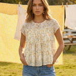 Beige Floral Tiered Ruffle Short Sleeve Blouse