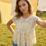 Beige Floral Tiered Ruffle Short Sleeve Blouse