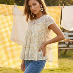 Beige Floral Tiered Ruffle Short Sleeve Blouse