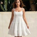 White Eyelet Embroidered Tie Strap Tiered Mini Dress