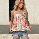 Cream Pink Floral Print Spaghetti Strap Camisole Top