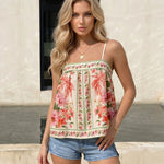 Cream Pink Floral Print Spaghetti Strap Camisole Top