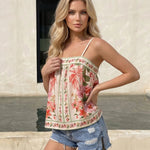 Cream Pink Floral Print Spaghetti Strap Camisole Top