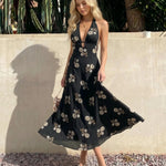Black Halter Neck Floral Embroidered Midi Dress
