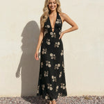Black Halter Neck Floral Embroidered Midi Dress