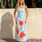 Blue Striped Lily Print Cami Maxi Dress