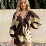 Brown Banana Leaf Print Puff Sleeve Mini Dress