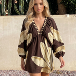 Brown Banana Leaf Print Puff Sleeve Mini Dress