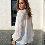 White Sheer Crinkle Tie Front Puff Sleeve Blouse