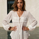 White Sheer Crinkle Tie Front Puff Sleeve Blouse