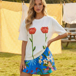 White Red Tulip Print Oversized T-shirt