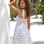 White Blue Seashell Print Bow Strap Mini Dress