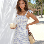 White Blue Seashell Print Bow Strap Mini Dress