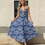 Blue White Damask Print Halter Maxi Dress