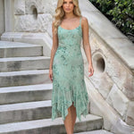 Green Floral Sequin Asymmetrical Midi Dress