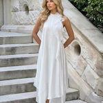 White Halter Neck Ruffle Flower Detail Midi Dress
