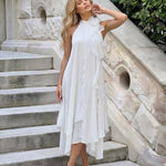 White Halter Neck Ruffle Flower Detail Midi Dress
