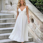 White V-Neck Pearl Strap Detail Midi Dress
