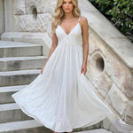 White V-Neck Pearl Strap Detail Midi Dress