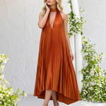 Orange Pleated Halter Neck High Low Midi Dress