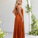 Orange Pleated Halter Neck High Low Midi Dress
