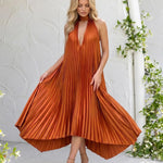 Orange Pleated Halter Neck High Low Midi Dress