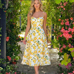 White Lemon Print Spaghetti Strap Midi Dress