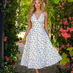 White Blue Floral Halter V Neck A-line Midi Dress