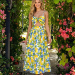 White Lemon Print Spaghetti Strap Cutout Midi Dress