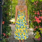 White Lemon Print Spaghetti Strap Cutout Midi Dress