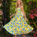 White Lemon Print Spaghetti Strap Cutout Midi Dress