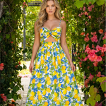 White Lemon Print Spaghetti Strap Cutout Midi Dress