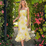 Pale Yellow Floral Print Mermaid Midi Dress