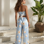 Blue Sea Creature Print Strapless Two Pieces Pants Set